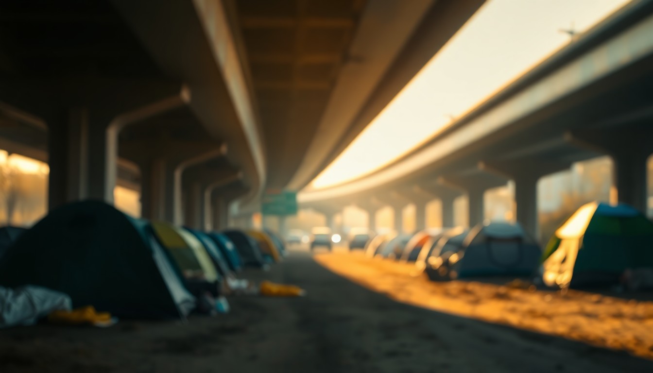 An extremely abstracted, out-of-focus photograph of a homeless encampment under a highway overpass, with soft pools of warm yellow and orange light creating a melancholy, atmospheric mood.