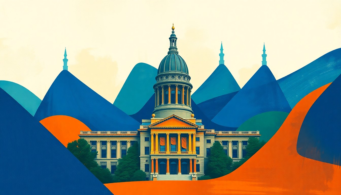 An abstract, fragmented painting featuring overlapping geometric shapes in shades of blue, green, and orange, conceptually representing the competitive and dynamic nature of a political campaign.