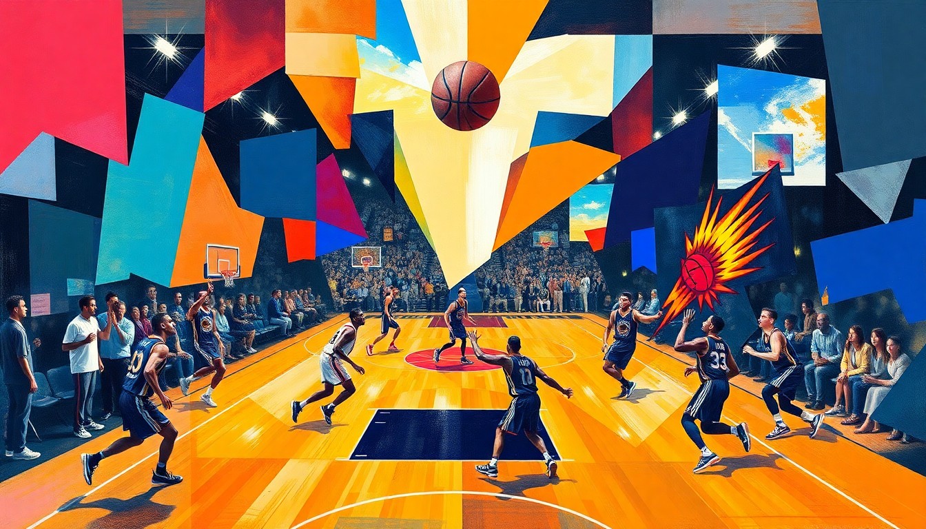 A cubist, geometric painting depicting a basketball game between the Golden State Warriors and Phoenix Suns, with the players' movements and the court's energy expressed through bold, angular shapes and vibrant colors.