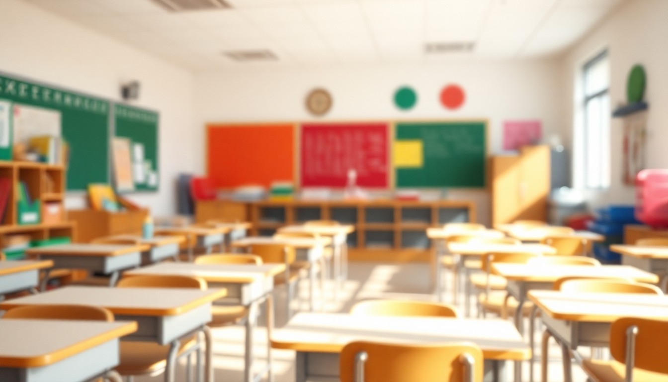 An extremely abstracted, out-of-focus photograph of an elementary school classroom, with desks, chairs, and educational supplies visible in the background, all bathed in a warm, hazy glow, conceptually representing the lasting impact of a beloved teacher.