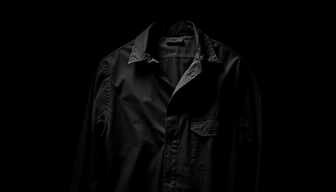An extreme close-up photograph of a crumpled piece of clothing, such as a shirt or jacket, lit by a harsh, direct camera flash against a pitch-black background, conceptually illustrating the investigation of a public indecency incident.