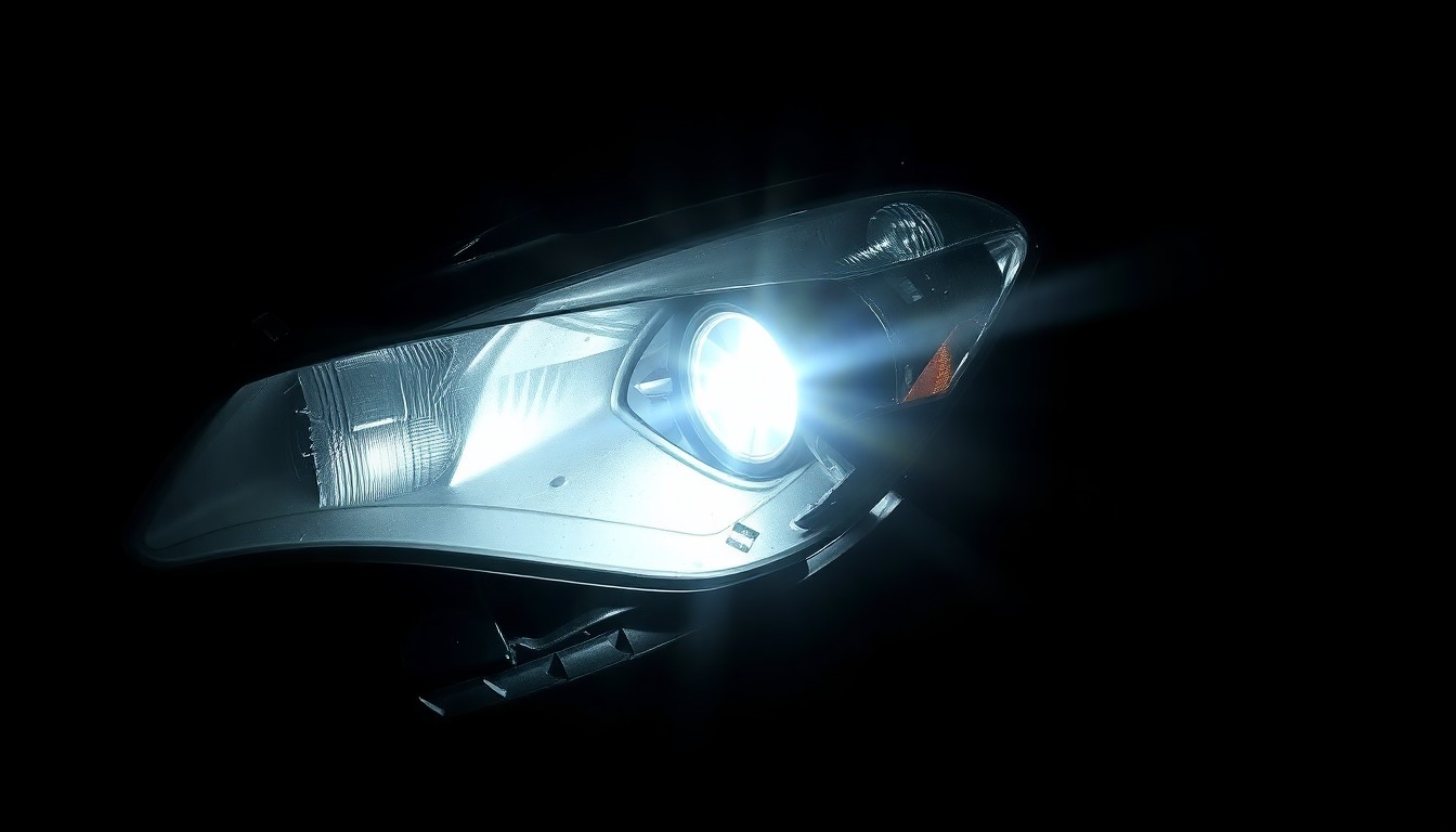 An extreme close-up photograph of a crumpled car fender reflecting a harsh, direct camera flash, conceptually illustrating the aftermath of a collision with a large animal.