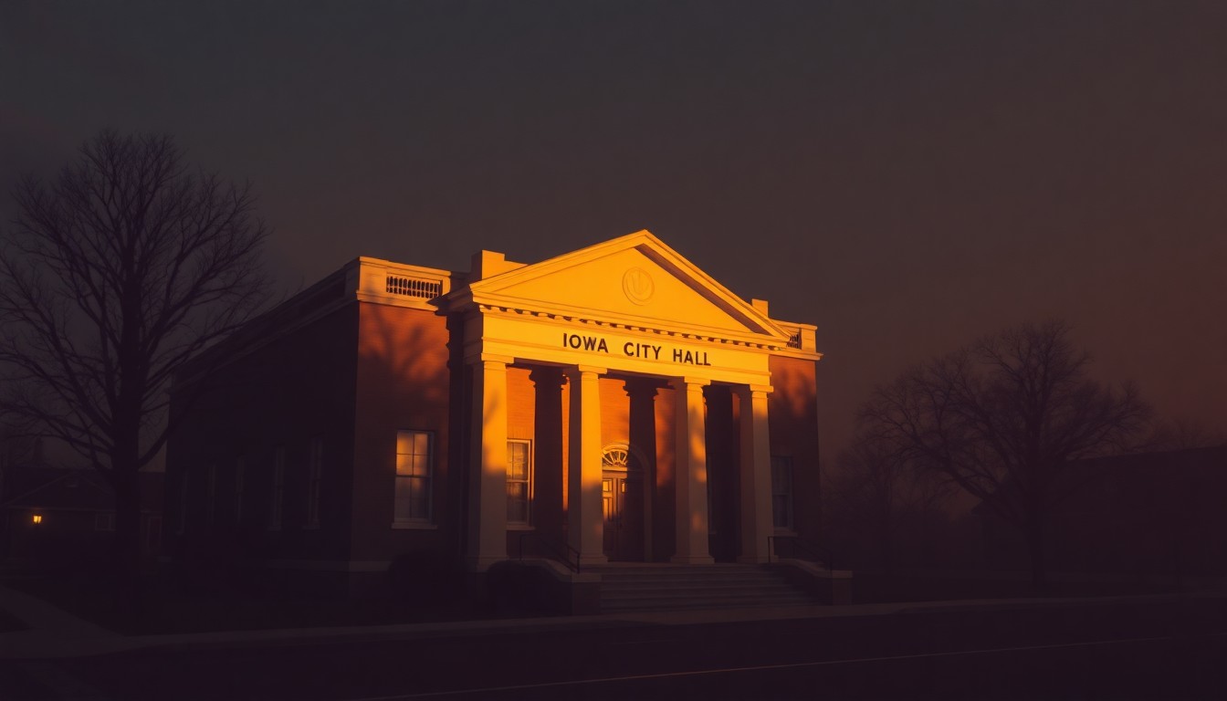A serene, nostalgic painting of an Iowa Falls city hall building, with warm sunlight casting long shadows across the facade and surrounding landscape, capturing the quiet civic atmosphere of the upcoming council meetings.