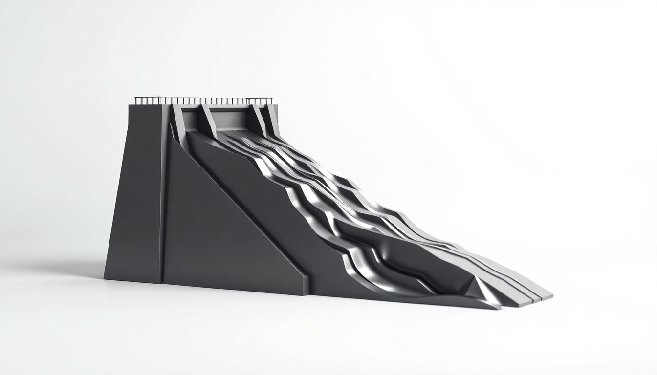 A photorealistic studio still-life photograph showing a polished, geometric metal dam model with a flowing water effect, arranged elegantly on a clean, monochromatic background with dramatic lighting and shadows, symbolizing the abstract corporate strategy and financial challenges behind the state's takeover of the Wahiawa dam.