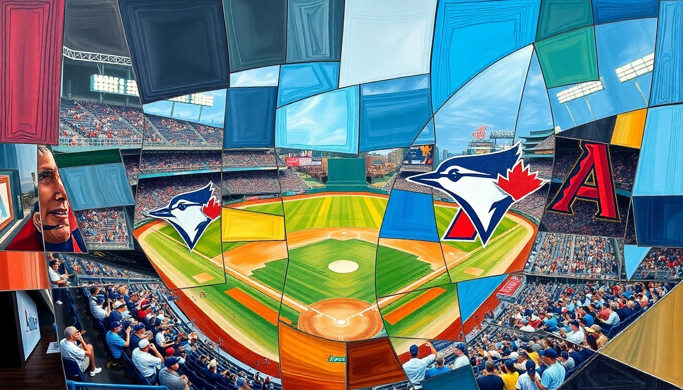 A fractured, multi-perspective painting breaking down a baseball game or match between two teams into sharp, overlapping geometric shapes and planes, conveying the strategic complexity and dynamic energy of the contest.