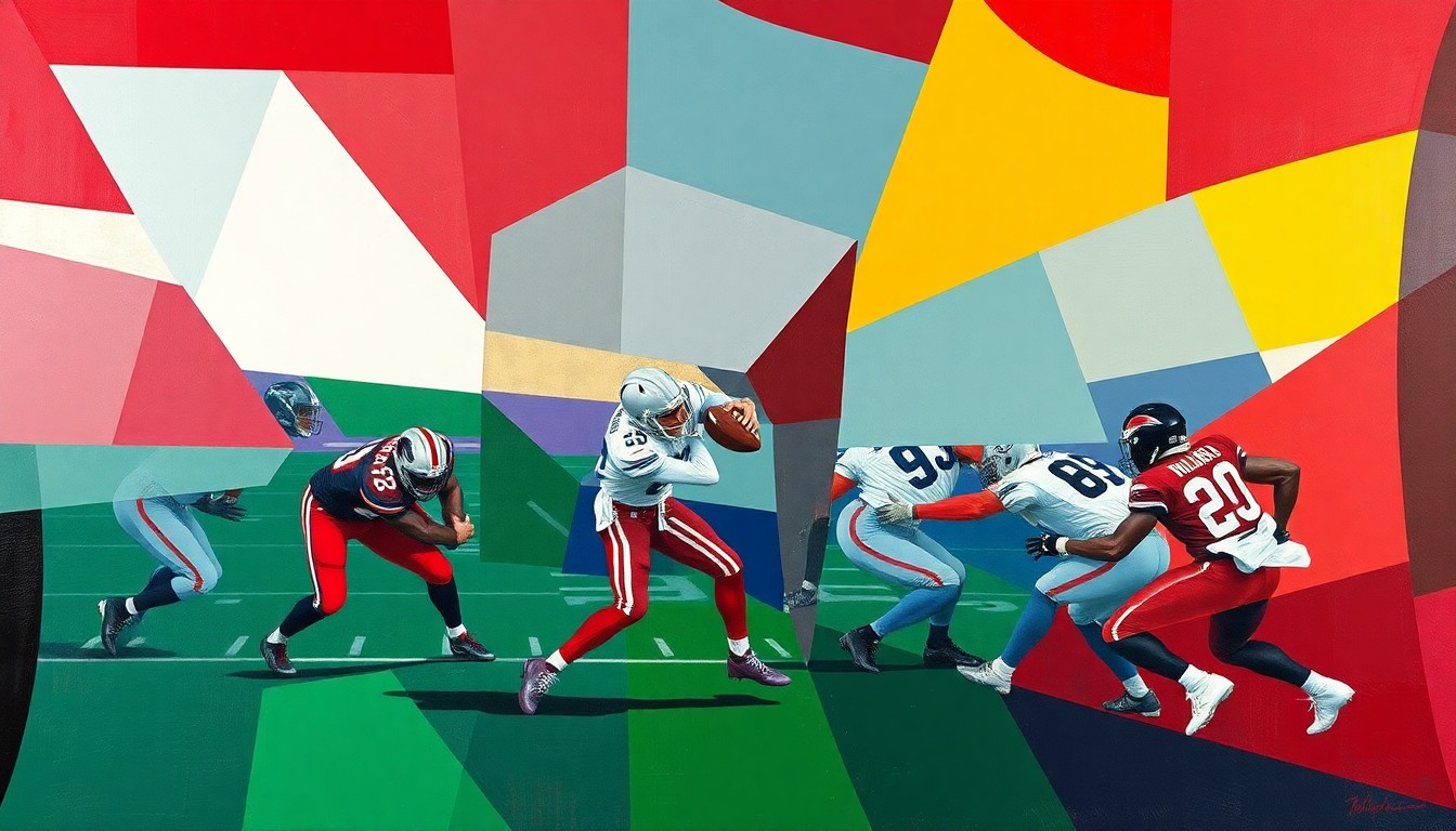 A fragmented, cubist-style painting depicting the dynamic action of a football game, with sharp geometric shapes and planes of crimson, navy, and green representing the competing teams and players.