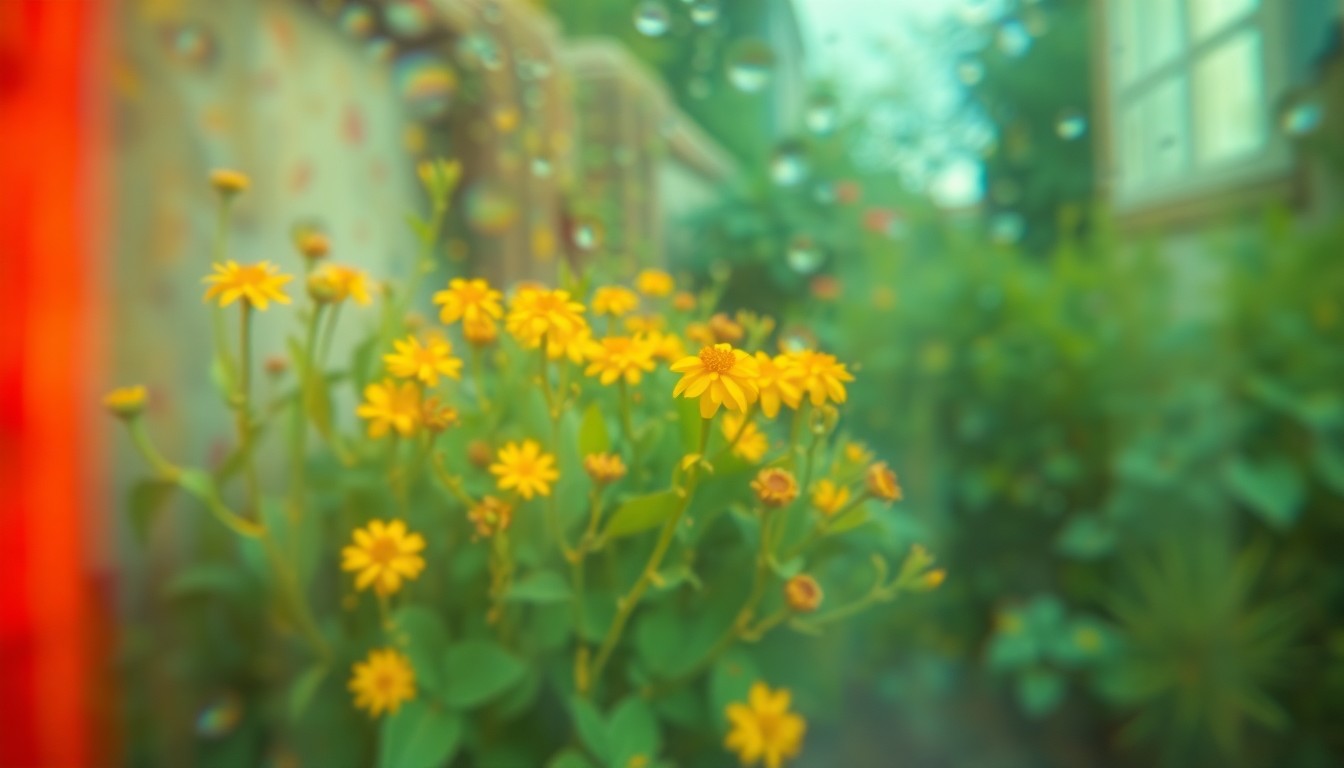 An abstract, impressionistic photograph showing the blurred outline of a rain barrel filled with clear water, surrounded by soft, warm colors and light that suggest a lush, thriving garden scene.
