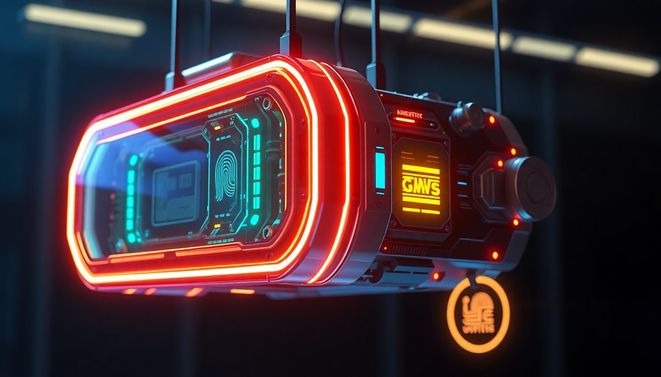 A complex, glowing 3D illustration of a futuristic biometric scanning device, with intricate mechanical components and pulsing neon lights, conceptually representing the advanced technology behind World's identity verification system.
