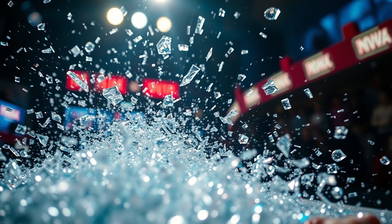 An abstract close-up photograph featuring shattered glass and glittering sequins in dramatic high-contrast lighting, conceptually representing the glamour and excitement of a major superhero movie premiere.