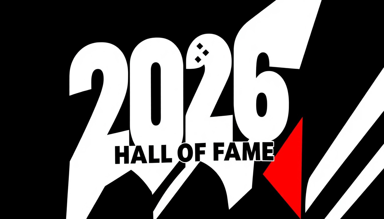 An abstract, minimalist illustration featuring sharp, angular shapes in black, white, and red, conceptually representing the diverse musical styles and cultural impact of the 2026 Rock & Roll Hall of Fame inductees.