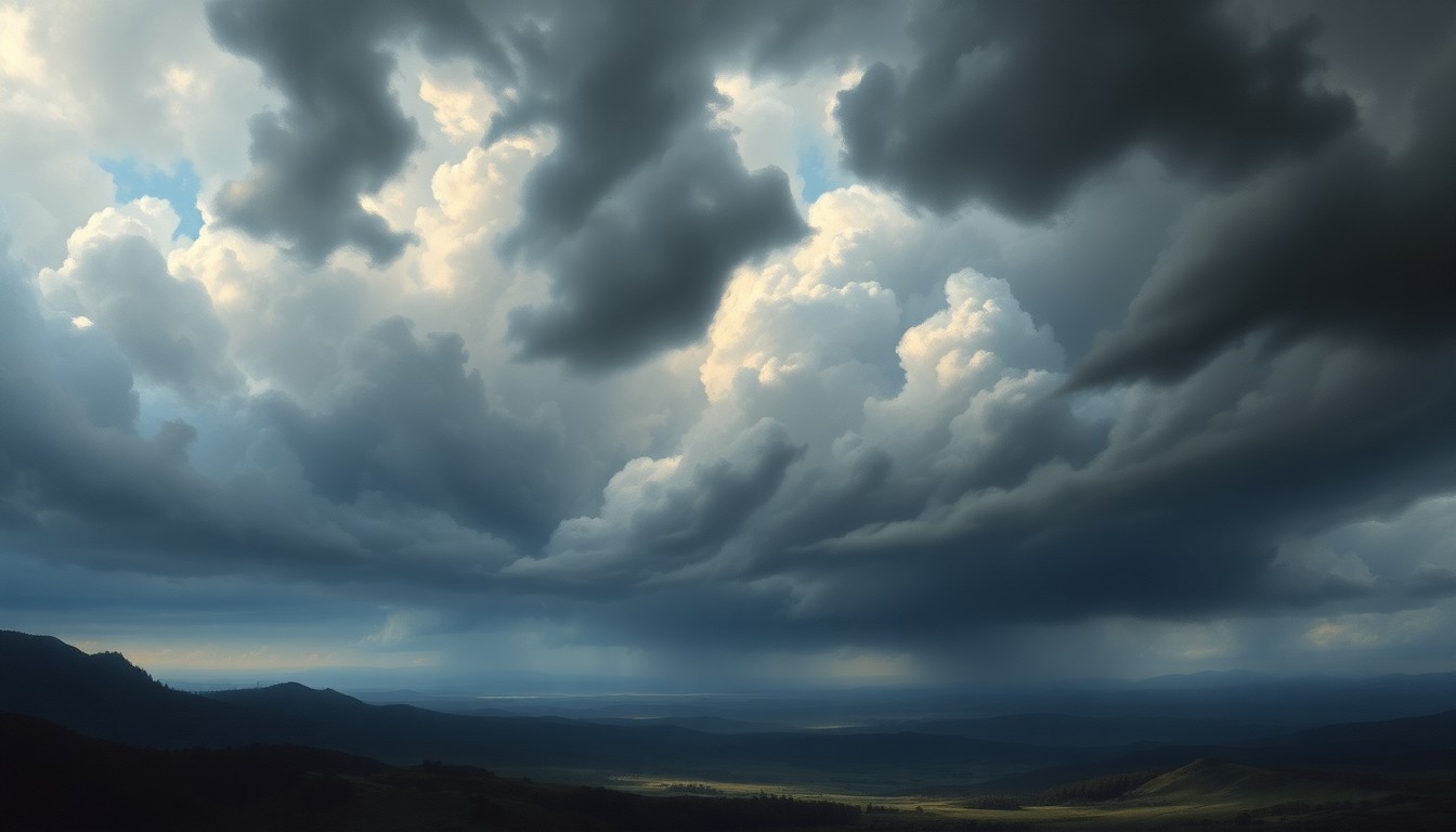 A dramatic landscape painting in the style of Caspar David Friedrich, depicting a sweeping vista of dark, ominous storm clouds dominating the sky, with only faint glimpses of blue peeking through the heavy, atmospheric conditions that dwarf the physical structures below.