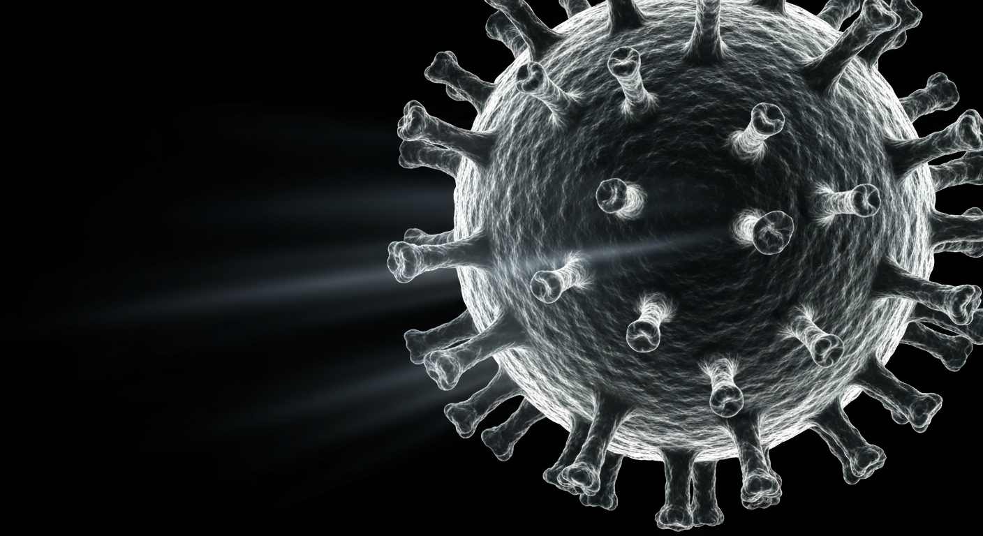 A highly detailed, ghostly x-ray image revealing the intricate internal structure of a measles virus particle, conveying the scientific complexity and public health urgency of the situation.