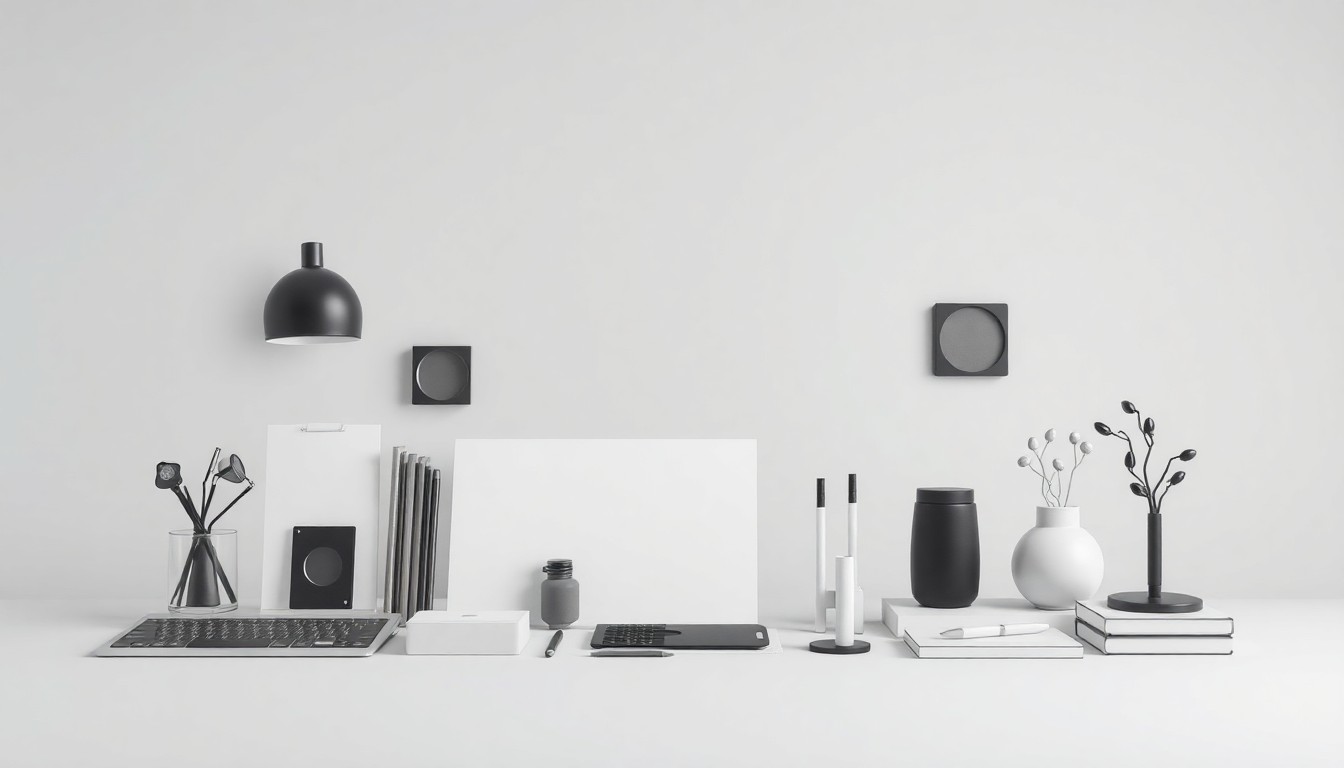 A photorealistic studio still-life featuring a collection of modern, geometric office supplies and equipment in muted tones, symbolizing the current state of San Diego's life science office market.