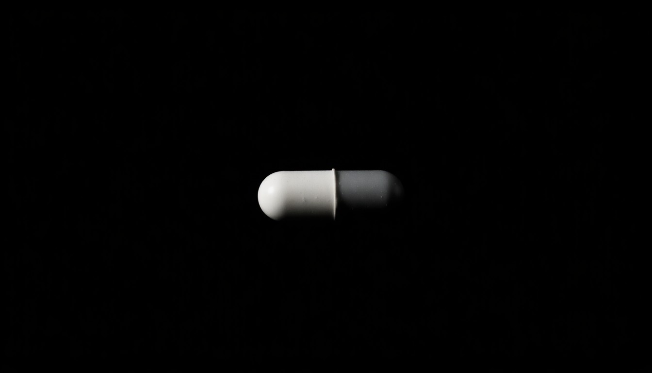 An extreme close-up photograph of a single fentanyl pill against a pitch-black background, lit by a harsh, direct camera flash, conveying the dangerous and deadly nature of the drug.