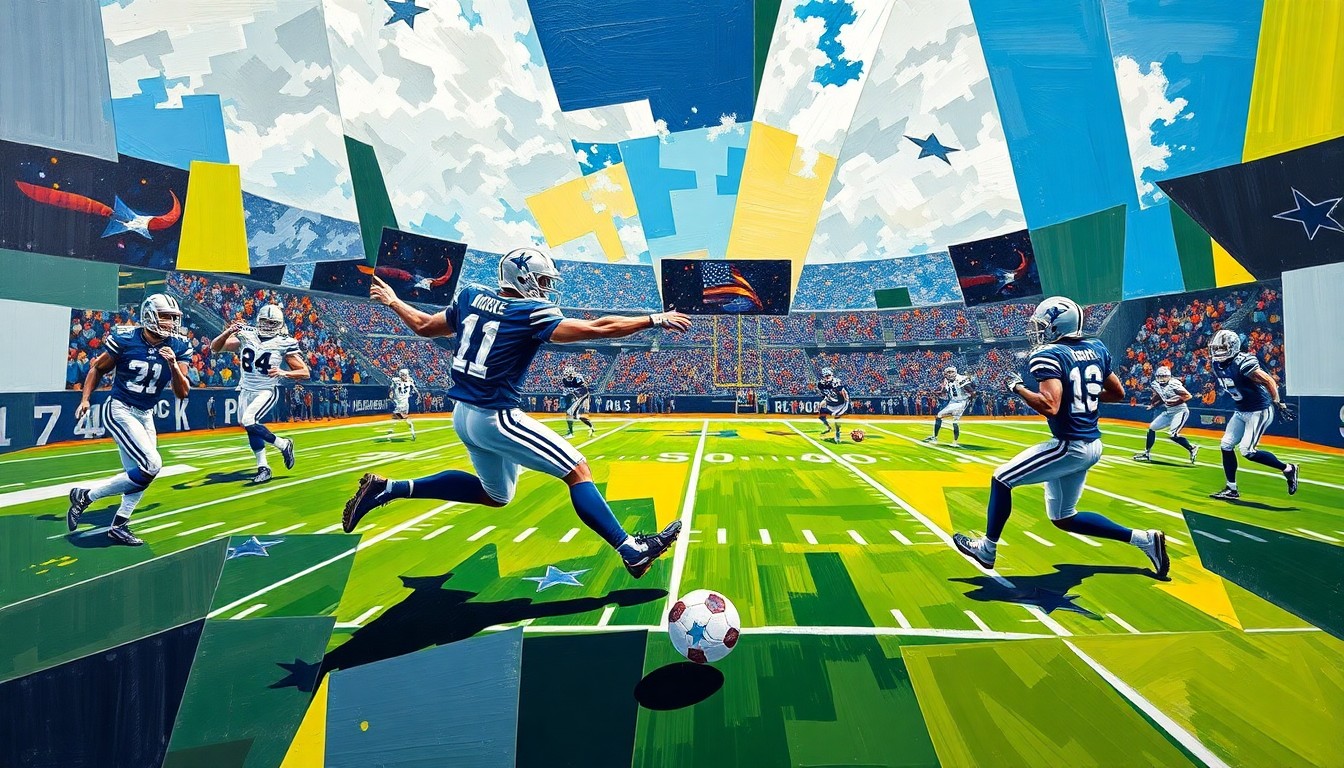 A cubist, geometric painting depicting a fragmented football field and kicking motion, using the vibrant colors of the Dallas Cowboys to represent the team's retention of its starting kicker.