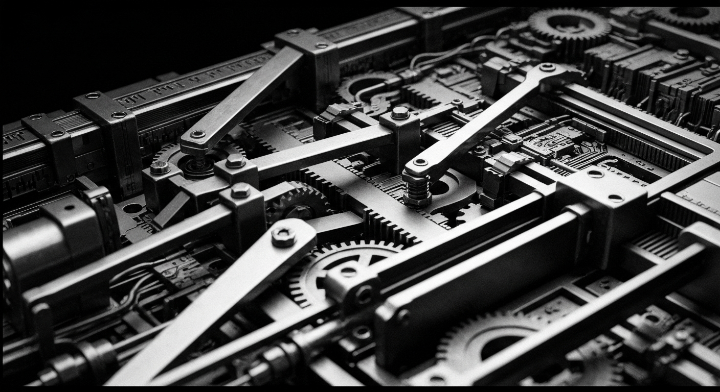 A high-contrast, cinematic close-up of the inner workings of a financial mechanism, such as gears, levers, and circuits, conveying the intricate and impersonal nature of modern finance without using any literal currency, charts, or text.
