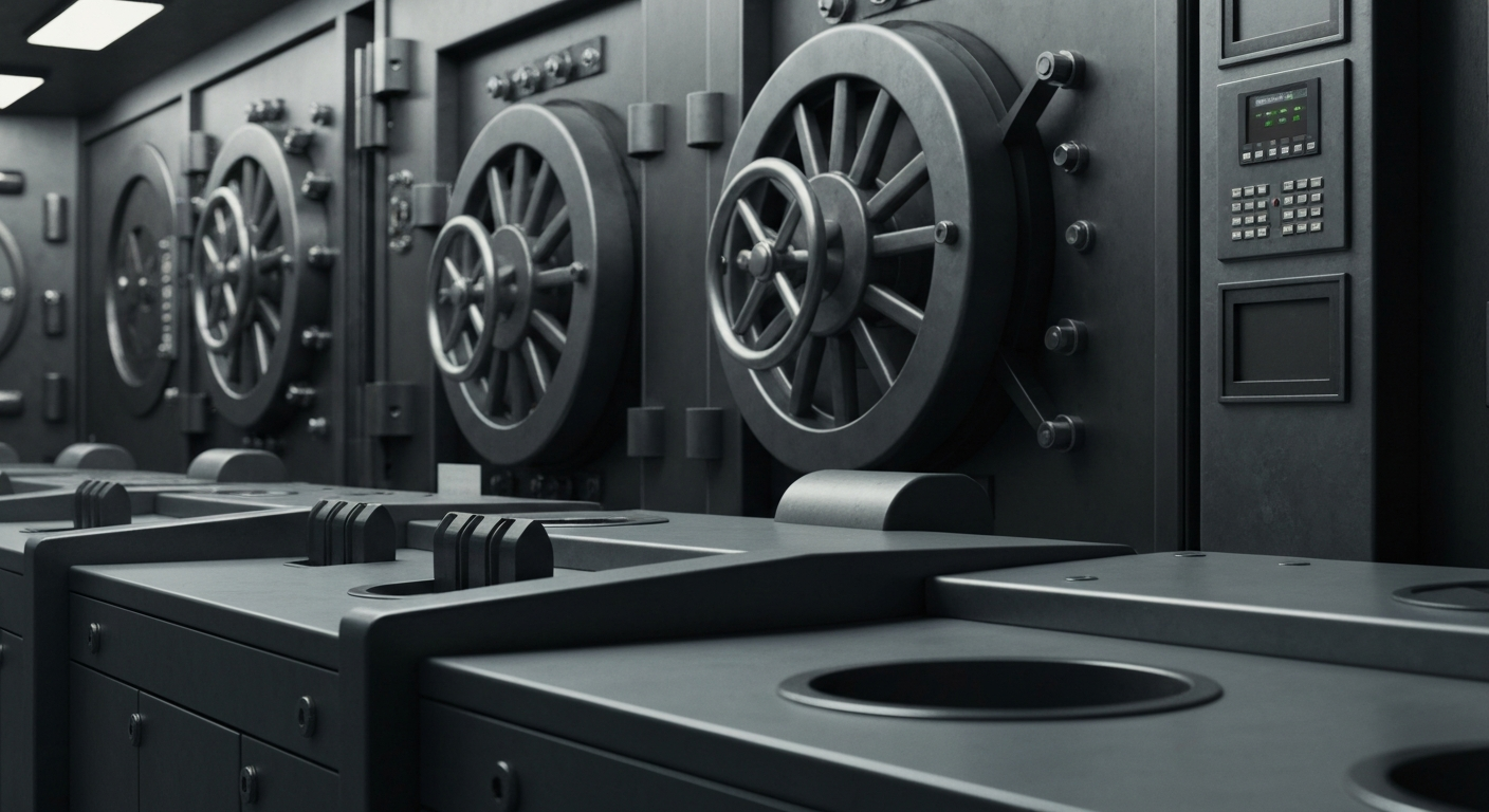 An extreme close-up of various metal and mechanical banking equipment, conveying the industrial, secure nature of EZCORP's financial services business.