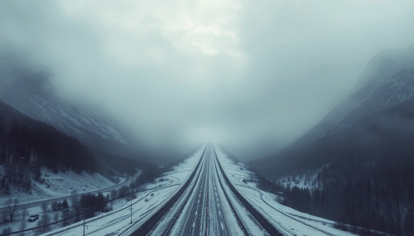 A vast, hazy landscape painting depicting a snow-covered highway cutting through a bleak, fog-shrouded valley, conveying the overwhelming power and indifference of nature towards the small, insignificant road below.