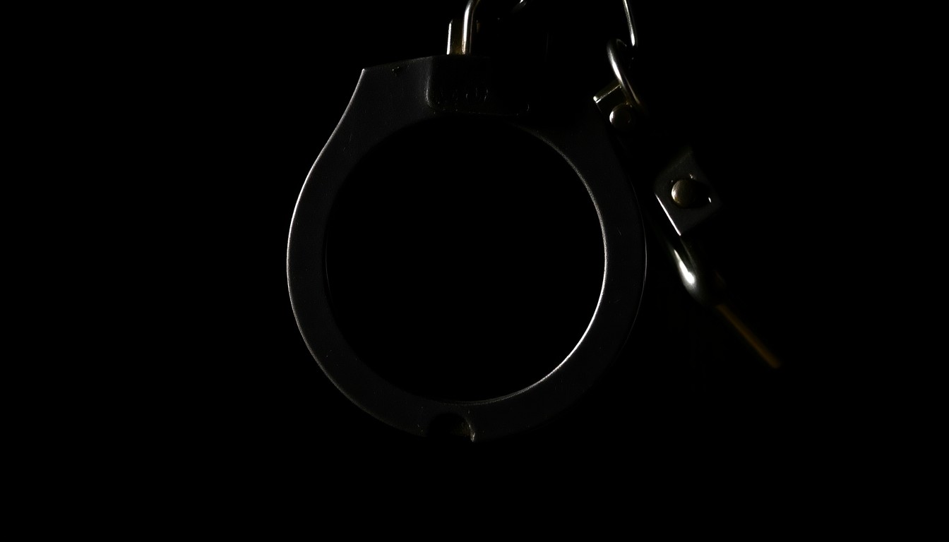 An extreme close-up of metal handcuffs against a stark black background, conveying a sense of gritty, investigative urgency without depicting any actual violence or victims.