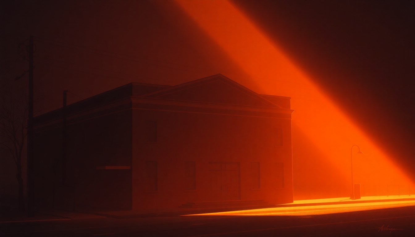 A serene, photorealistic painting of a government building or community center in an urban setting, with the structure bathed in warm, directional sunlight and surrounded by deep shadows, conveying a sense of quiet contemplation and civic purpose.