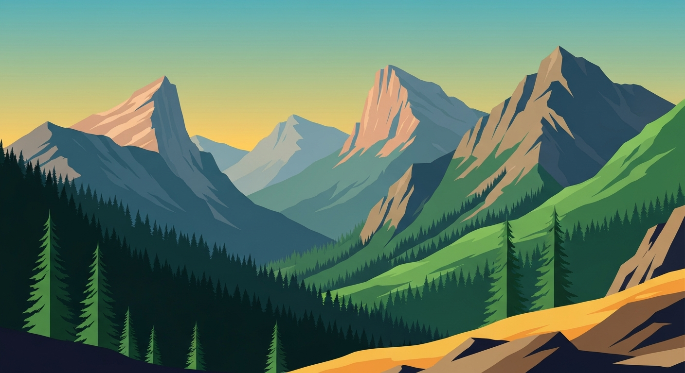 A highly stylized, geometric landscape illustration in shades of green and blue, depicting the sweeping vistas and towering mountains of the Payette National Forest without any text or identifiable elements.