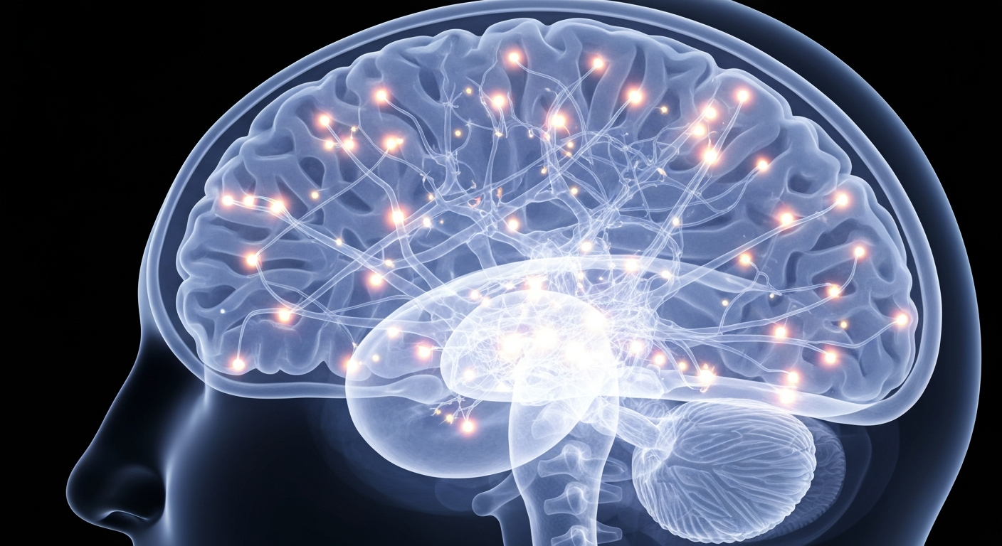 A ghostly, translucent X-ray photograph showing the intricate neural pathways and structures of a human brain, conveying the complex inner workings of the mind under stress.