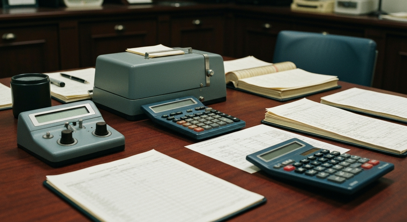 An extreme close-up of various financial ledgers, calculators, and other heavy industrial banking equipment, conveying the intricate and powerful nature of the financial services sector.