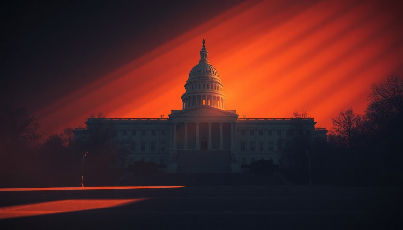 A photorealistic painting of a state capitol building in warm, golden light, with deep shadows cast across the facade, conveying a sense of political drama and unease.