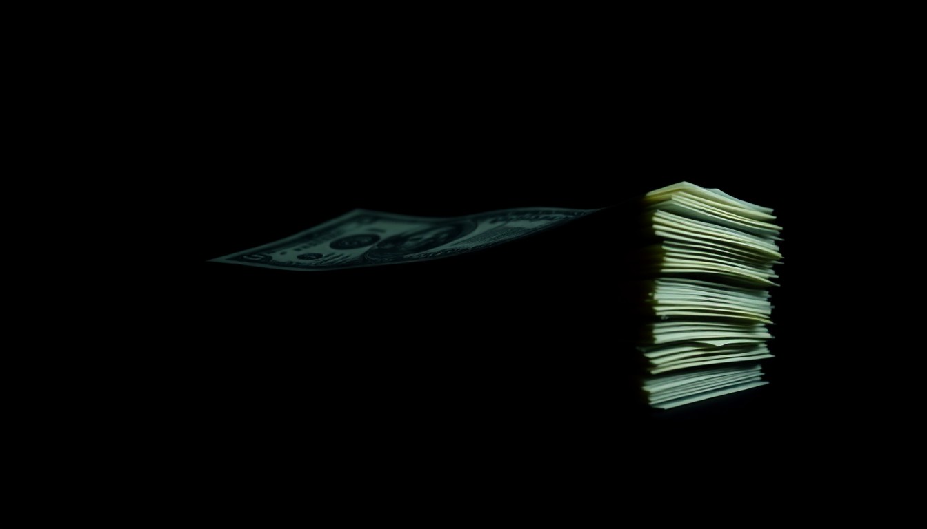 An extreme close-up photograph of a stack of cash bills, lit by a harsh, direct camera flash against a pitch-black background, conceptually illustrating the financial aspects of the criminal investigation.