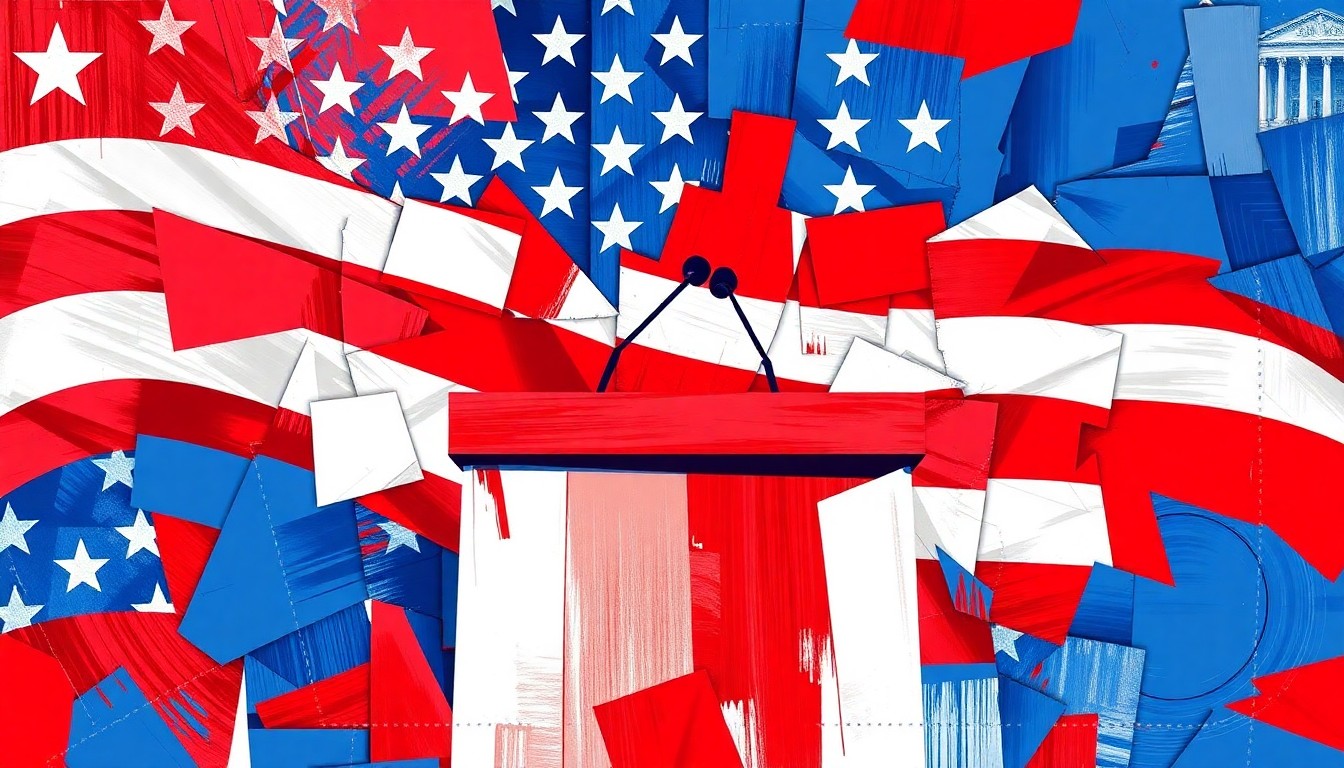 A dynamic, abstract painting featuring a fractured, overlapping image of an American flag and a podium, conveying the turbulent political discourse around presidential mental fitness.