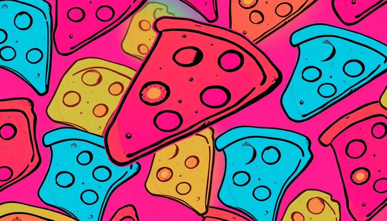 A high-contrast silkscreen print of a single Detroit-style pizza slice repeated in a tight grid pattern, using vibrant neon colors and heavy black outlines to transform the classic dish into a modern pop art composition.