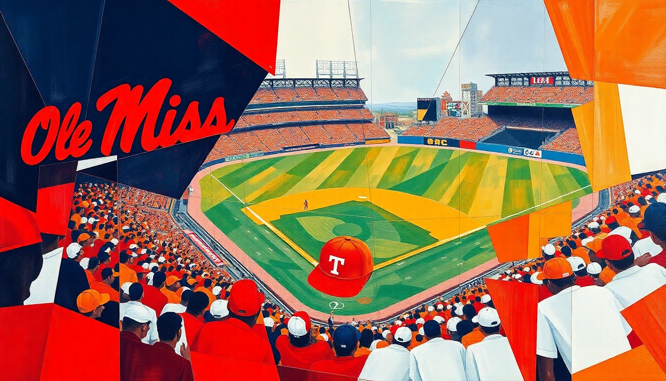 A fragmented, cubist-style painting depicting the dynamic action of a college baseball game, with the contrasting colors and geometric shapes representing the competitive spirit of the Ole Miss Rebels and Tennessee Volunteers.