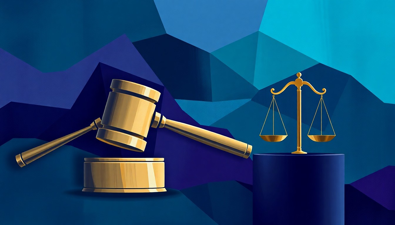 A vibrant, abstract painting featuring overlapping geometric shapes and lines in shades of blue, teal, and purple, conceptually representing the complex legal battle over transparency in local government.