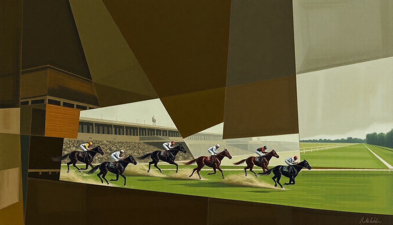 A cubist, geometric painting depicting a fragmented horse race, with overlapping planes of muted browns, grays, and greens conveying the financial troubles facing the Hawthorne Race Course.