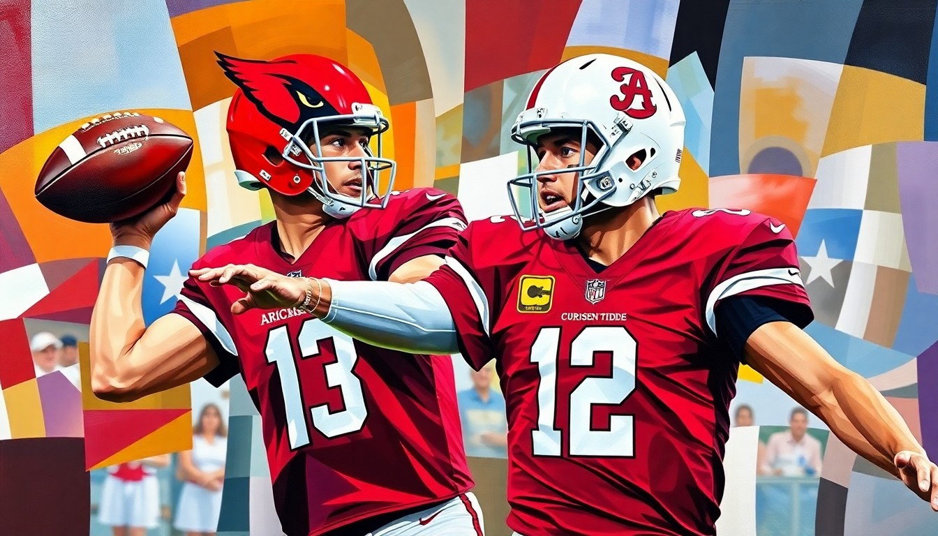 A cubist, geometric painting depicting the motion of a quarterback throwing a football, with sharp planes of red, white, and blue colors representing the Arizona Cardinals and Alabama Crimson Tide uniforms.