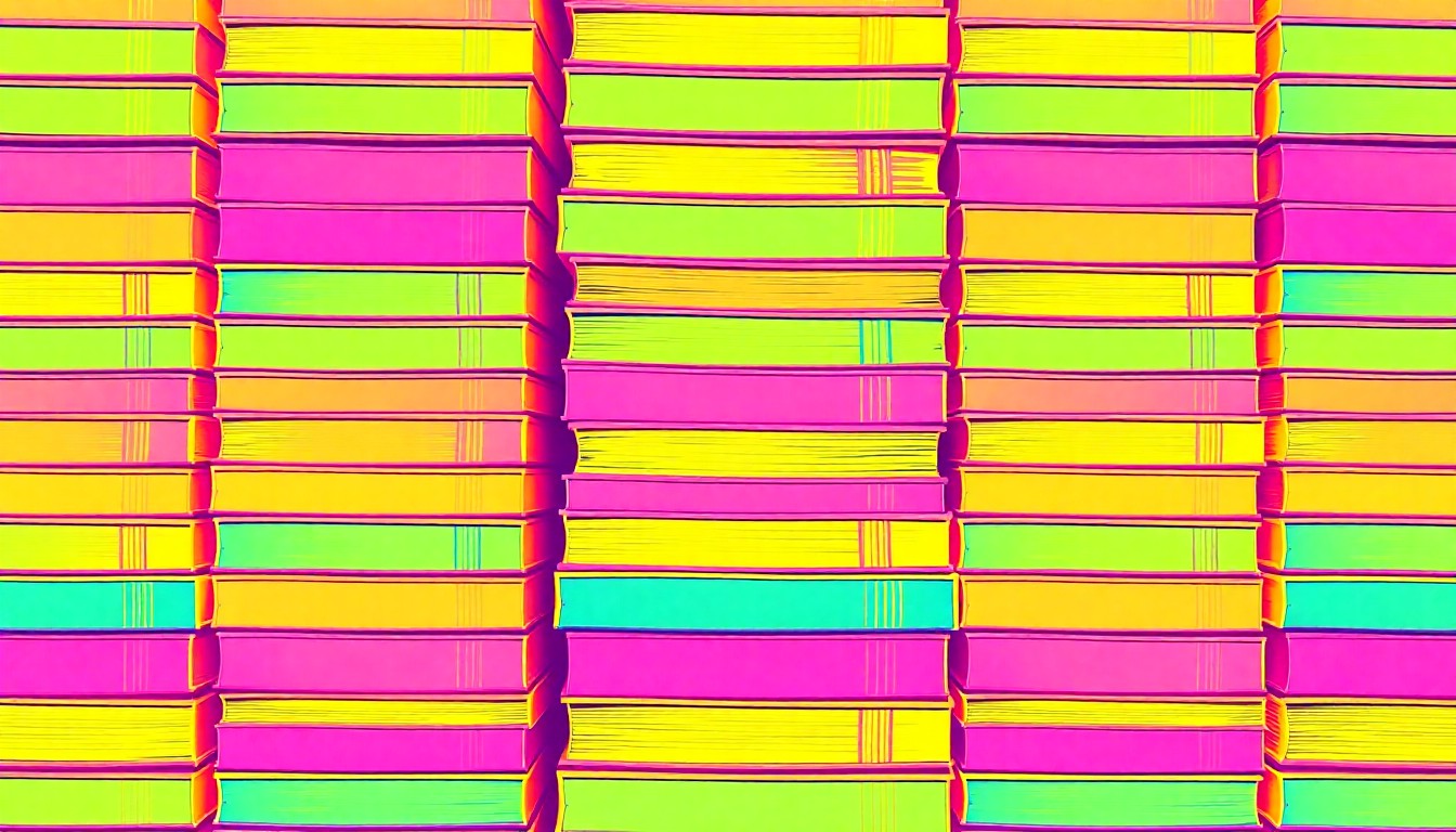A bold, abstract grid of brightly colored textbooks in shades of pink, yellow, and blue, conveying the concept of a school budget and educational funding.
