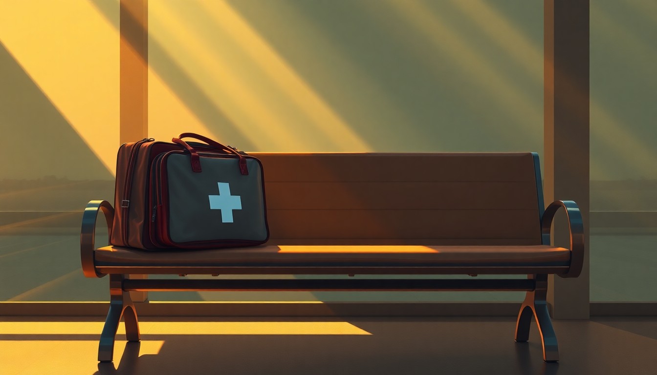 A realistic painting of a worn medical bag sitting alone on a wooden airport bench, the bag's surface reflecting the warm glow of sunlight streaming in from a nearby window and casting long shadows across the scene, conveying a sense of isolation and uncertainty.