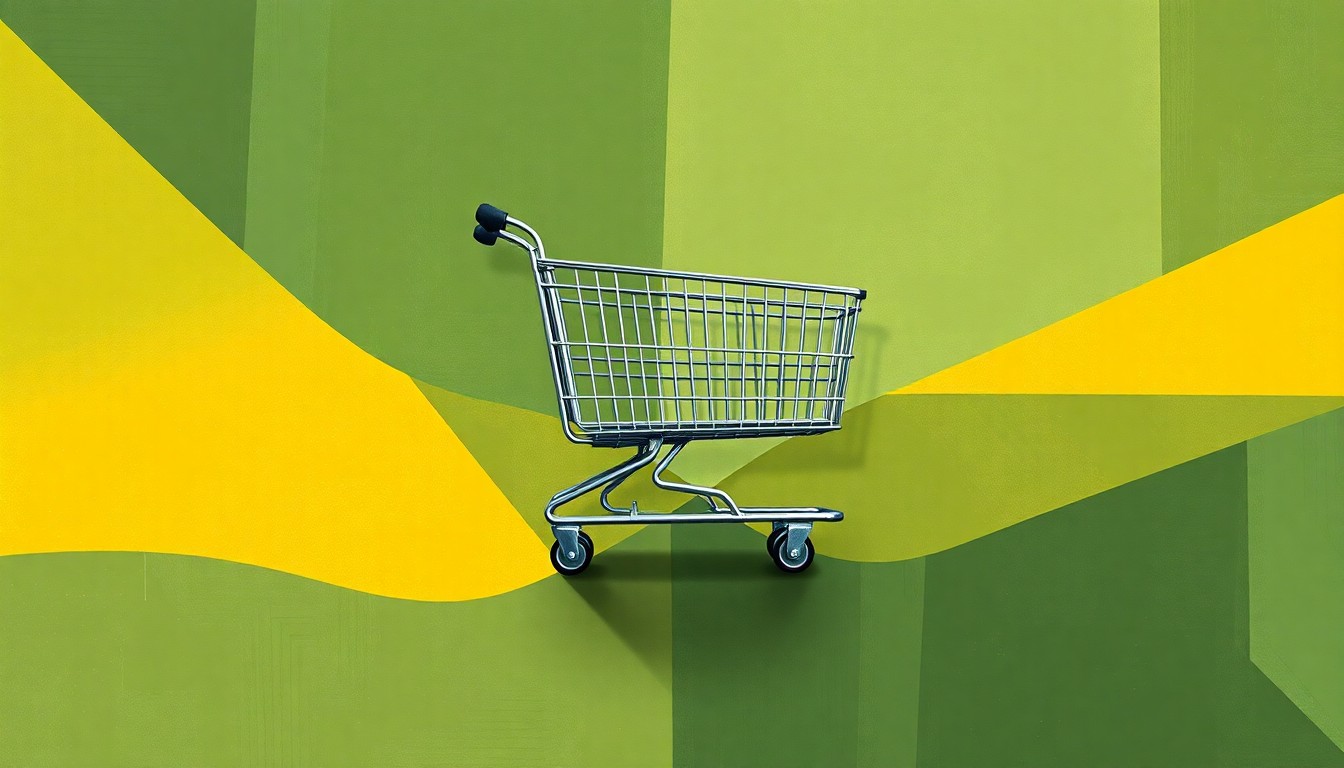 A fragmented, abstract painting of a shopping cart floating in midair, repeated in overlapping geometric shapes and waves of muted, earthy colors, conceptually representing the debate over government intervention in the grocery market.