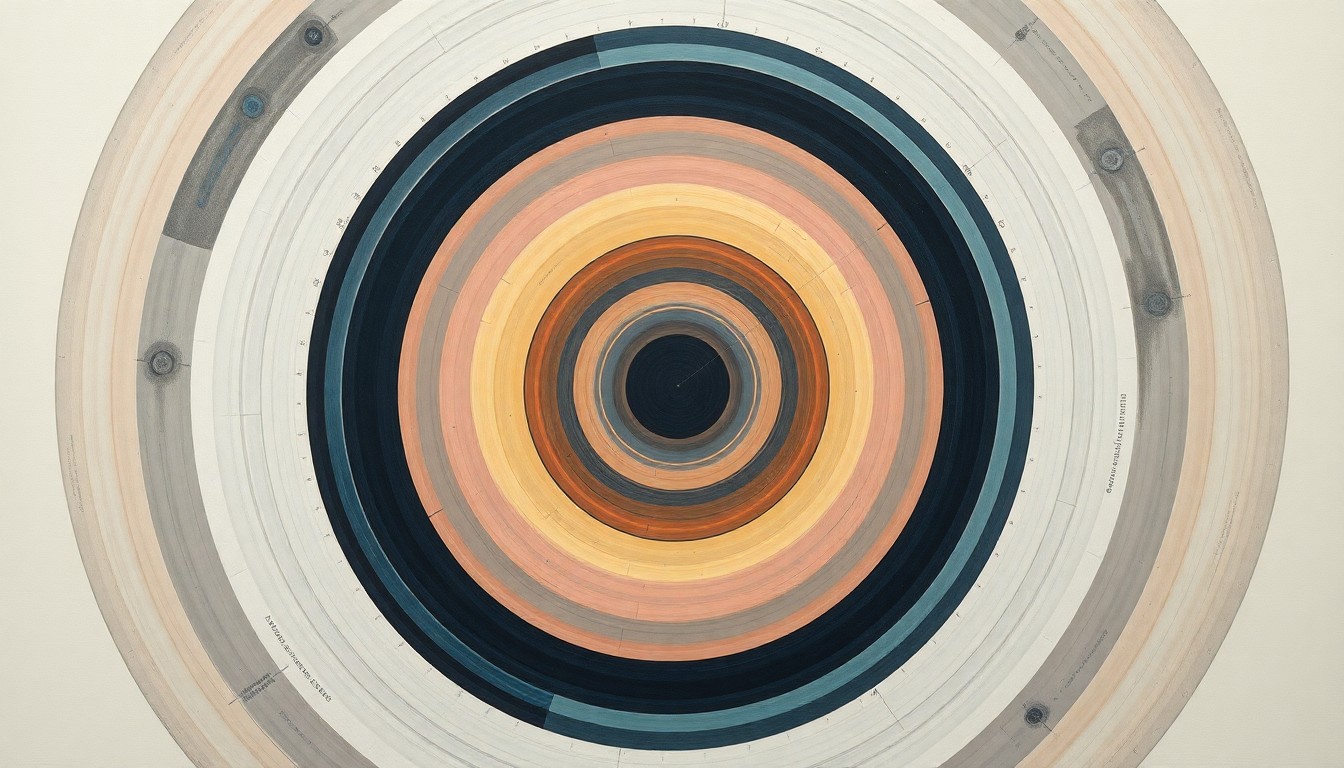 A highly structured abstract painting in soft, flat colors featuring sweeping geometric arcs, concentric circles, and precise spirals, conceptually representing the complex scientific forces and innovations driving the cell counting market.