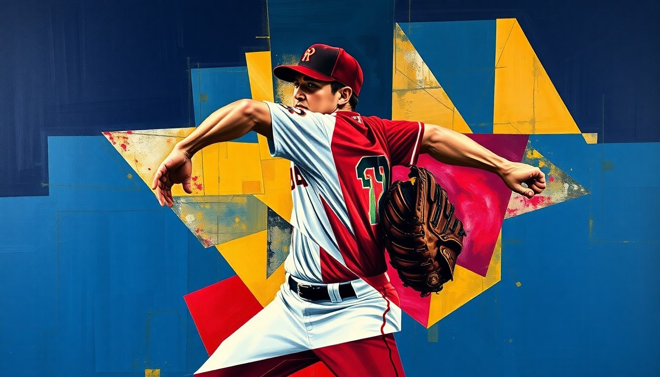 A fragmented, cubist-style painting depicting the various angles and movements of a baseball pitcher's windup and delivery, with sharp geometric shapes in vibrant navy, crimson, and gold colors.