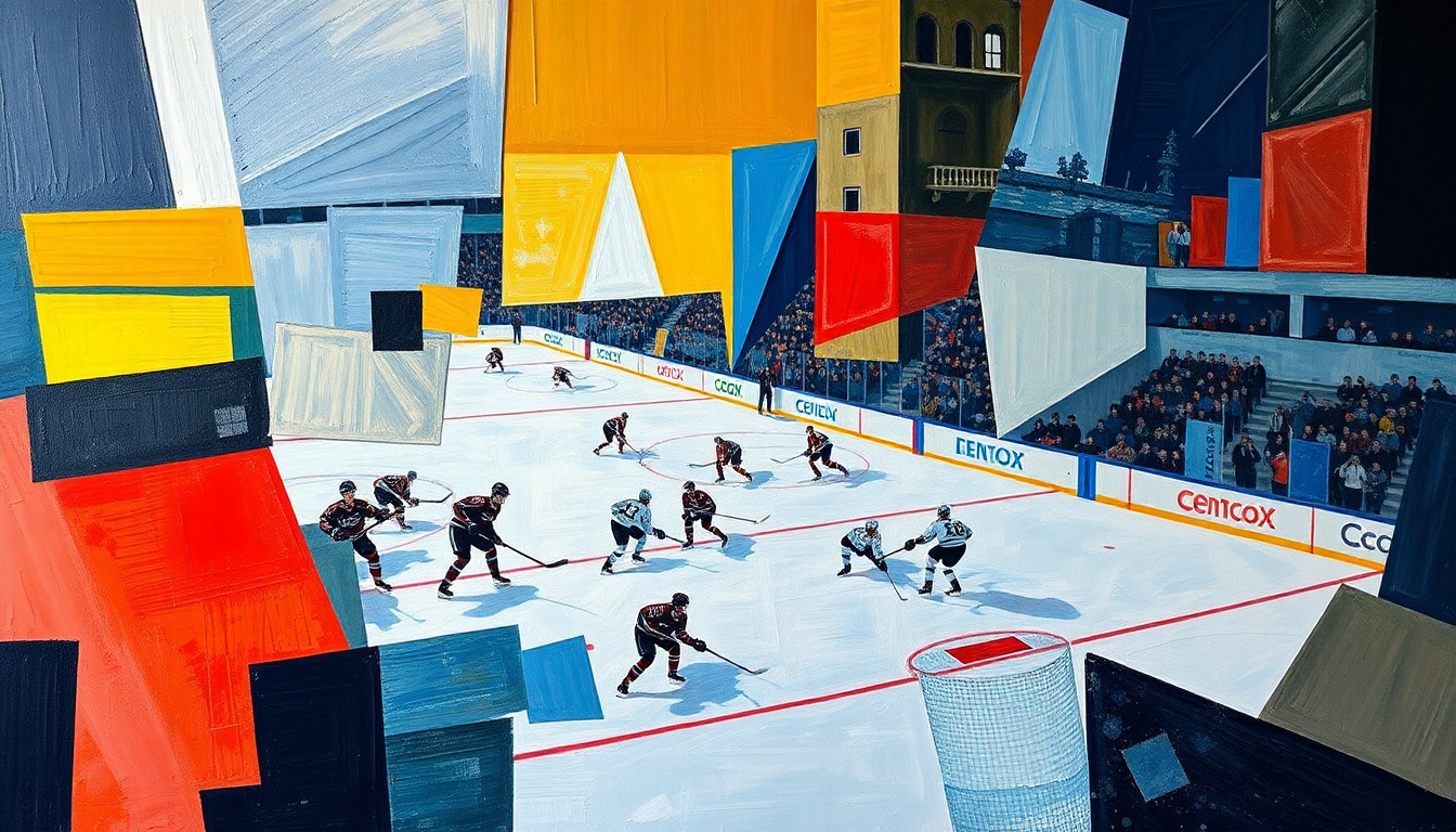 A cubist-style painting depicting a hockey game, with the players and ice rink broken down into sharp, overlapping geometric shapes and planes in a variety of colors, creating a dynamic and fragmented visual representation of the sport.