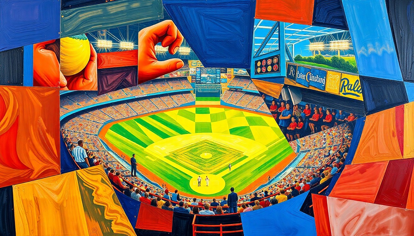 A fractured, cubist-style painting depicting a baseball stadium scene, with the field, players, and stands broken down into sharp, overlapping geometric shapes and planes in vibrant colors.