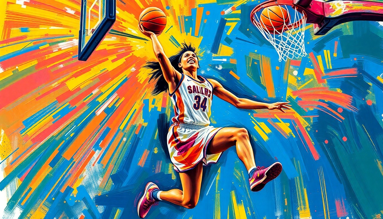 An abstract expressionist painting in vibrant neon colors depicting the dynamic movement and scoring ability of a women's basketball player, conveying the energy and impact Kiki Smith will bring to the Texas Tech Lady Raiders.