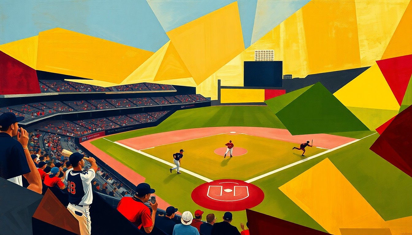A fragmented, geometric painting depicting a baseball game broken down into sharp, overlapping planes of navy, gold, and crimson, conveying the power and intensity of the Seminoles' offensive performance.