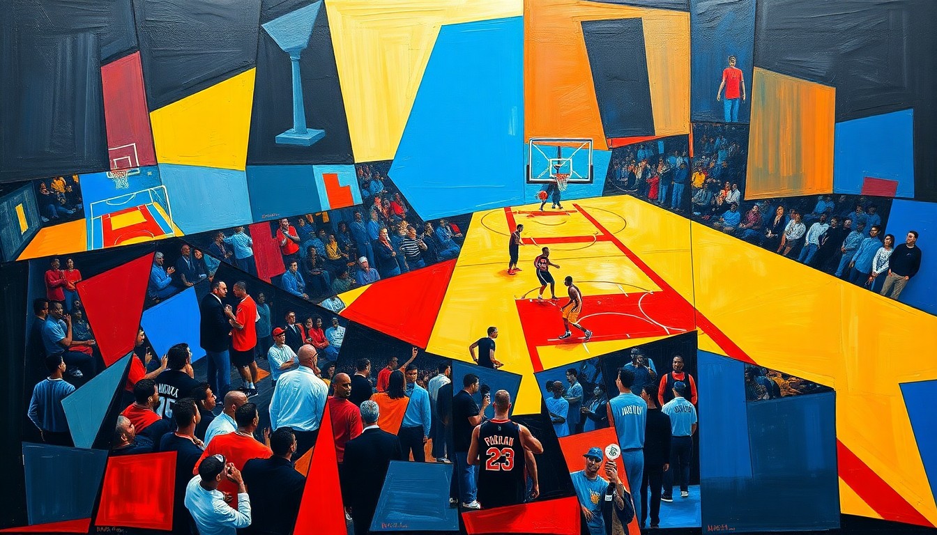 A fractured, geometric painting in bold colors depicting an abstract basketball game or draft lottery scene, conceptually representing the complex dynamics of tanking in the NBA.