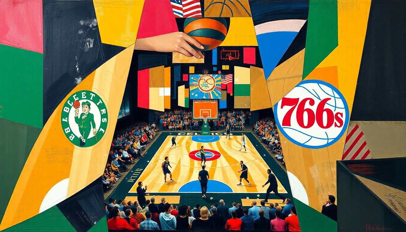 A fractured, geometric painting depicting a basketball game between the Boston Celtics and Philadelphia 76ers, with the players and court broken down into sharp, overlapping planes of color and form.