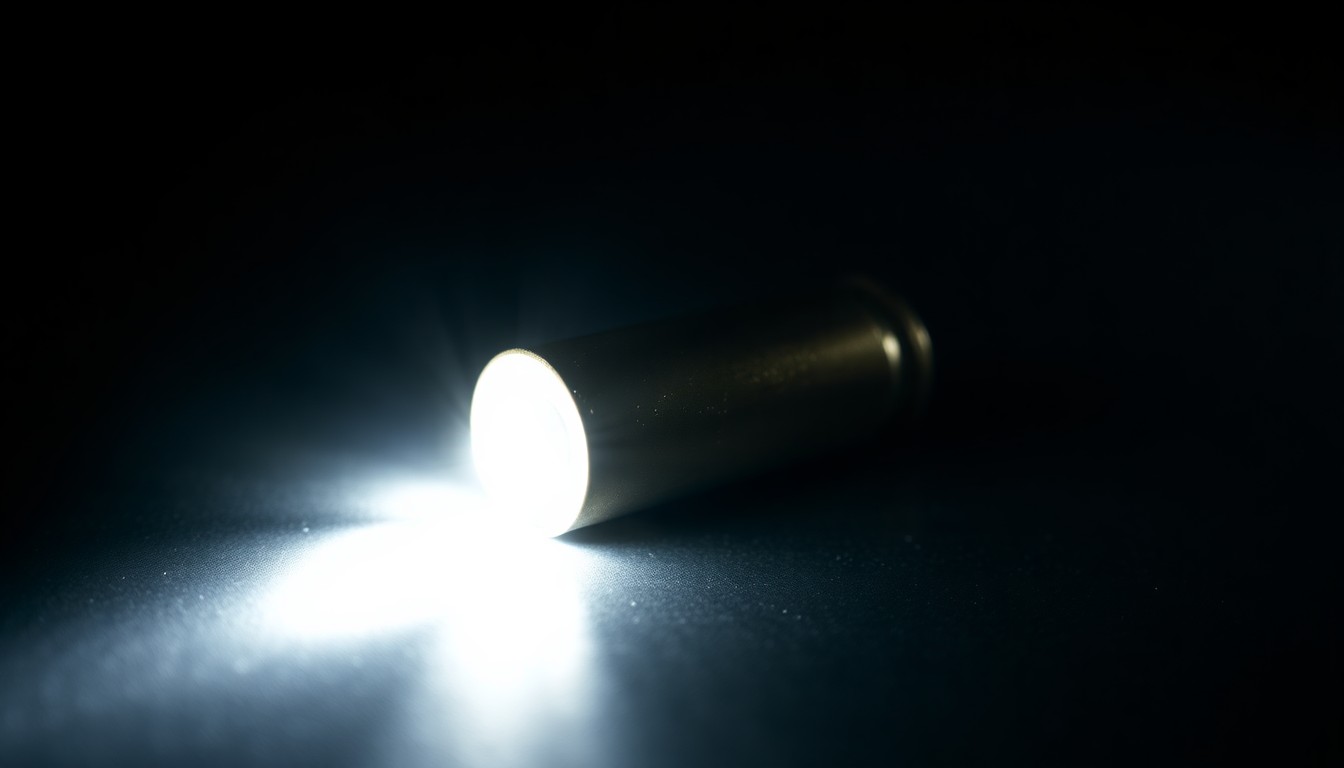 An extreme close-up photograph of a single spent bullet casing on a dark background, the metallic texture and dramatic shadows creating a stark, gritty, investigative aesthetic.