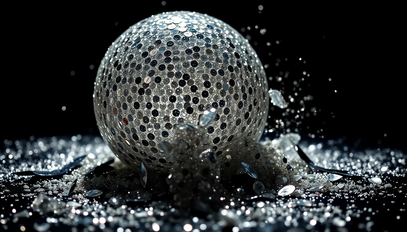 An abstract close-up image of shimmering sequins and shattered glass, capturing the high-fashion glamour and celebrity culture surrounding the news of Braxton Berrios' new relationship.