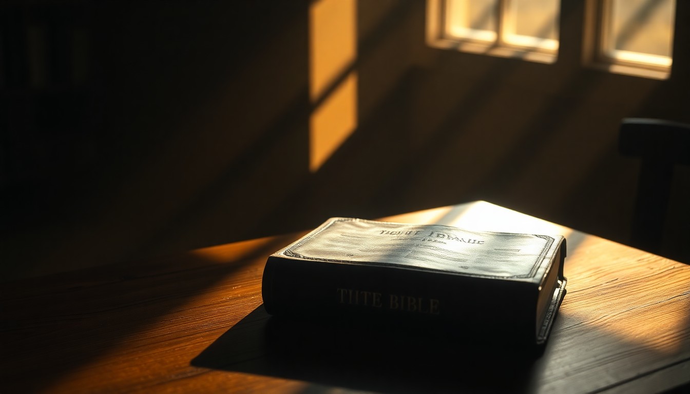 A close-up view of an antique Bible resting on a wooden table, with the book's worn leather cover and pages illuminated by warm, dramatic lighting, conveying the sacred text's enduring influence on American life.