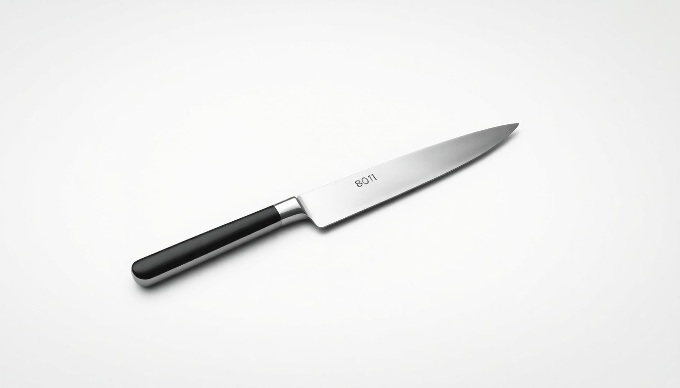 A close-up photograph of a single, gleaming steak knife resting on a plain, white background, symbolizing the premium quality and refined aesthetic of the 801 Chophouse brand.